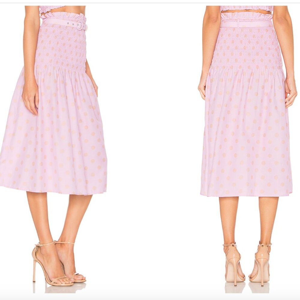 NICHOLAS Smocked Polka Dot Midi Skirt with Belt - Lilac